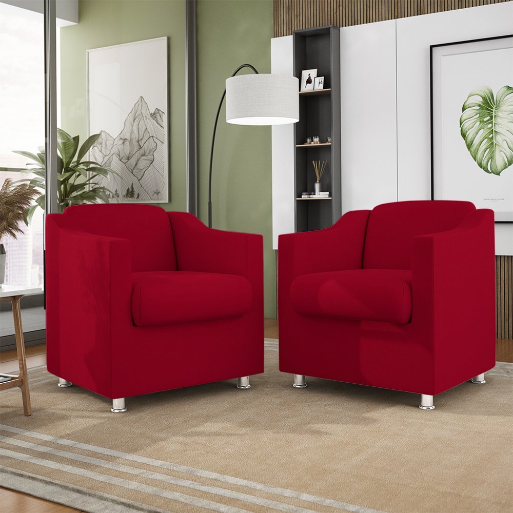 Kit 2 Poltronas Decorativas Reforçada Consultório Sala Suede Cor:Vermelho - 1