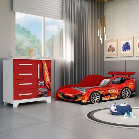 Kit Quarto Infantil Cama Colchão D20 Cômoda Meninos Carro:vermelho