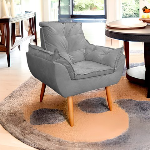 Poltrona Opala Decorativa para Sala e Quarto Pés Palito Suede Cinza - Wed Decor