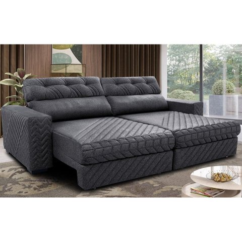 Sofá Retrátil e Reclinável 2,55m Molas Ensacadas Cama inBox Style Thermo Gel Linho Cinza Escuro