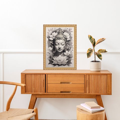 Quadro Moldura Dourada Buda Cinza 45x34cm:com Acetato