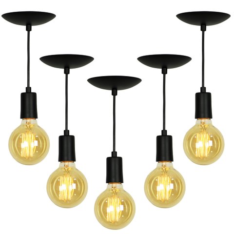 Kit 5 Lustre Pendente Tubo Cilindro Alumínio Preto Fio 120cm