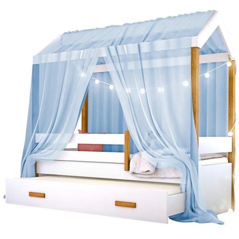Cama Montessori com Auxiliar Cordão LED e Dossel - Azul Azul
