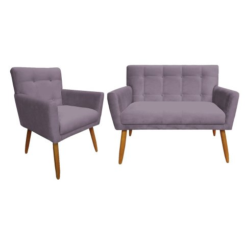 Kit Namoradeira + 1 Poltrona Decorativa Onix Suede Rosê Pés Madeira Mz Decor