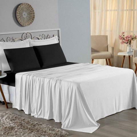 Jogo de Cama Casal Viúva Nobre 4 Peças Malha 100% Algodão - Branco / Preto