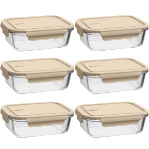 6 Potes Herméticos de Vidro Borossilicato 410ml Uz Retangulares Pequenos Capuccino Porta Mantimentos