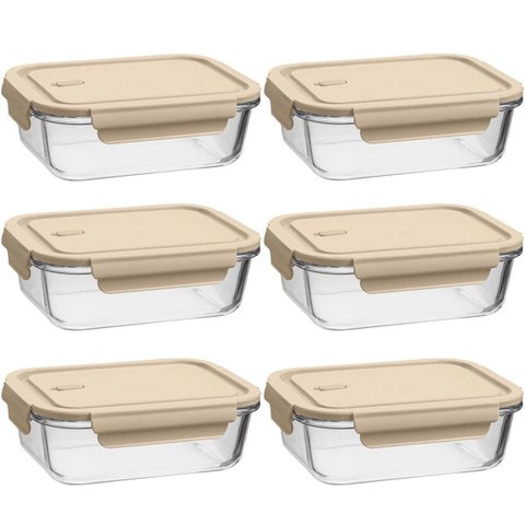 6 Potes Herméticos de Vidro Borossilicato 410ml Uz Retangulares Pequenos Capuccino Porta Mantimentos