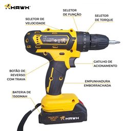 Parafusadeira e Furadeira de Impacto 2 Baterias de Lítio 20v 1.5ah com Maleta de Acessórios Hawk - 3