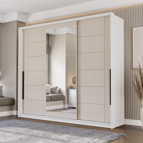 Guarda Roupa Casal 220cm 3 Portas de Correr com Espelho 240856 Lisboa Politorno Móveis
