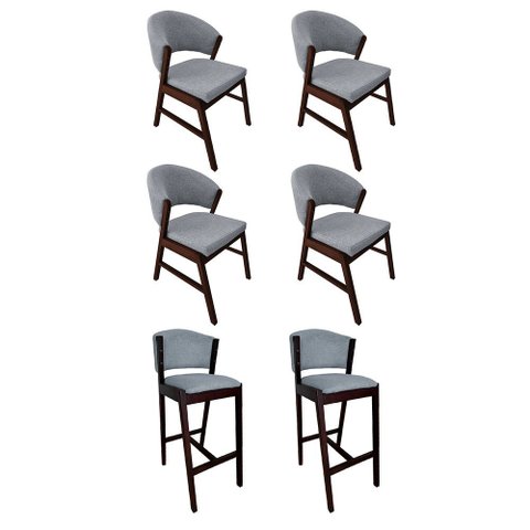 Kit 4 Cadeiras de Jantar Debora com 2 Banquetas Ana Madeira Maciça Castanho Premium Linho Cinza