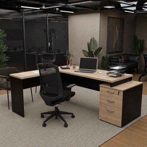 Conjunto 2 Peças Mesa em L com Gavetas e Cadeira Ergonômica 190cm Dubai Preto