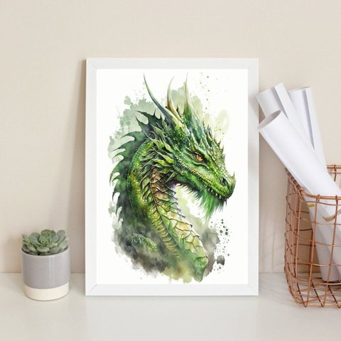 Quadro Decorativo Aquarela Dragão Verde 45x34cm - com Vidro:madeira Branca