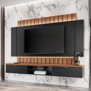Painel Home Suspenso Illusion 2.2 Preto / Nature p/ TV até 70" com Fita LED e Detalhe Ripado 2 Porta