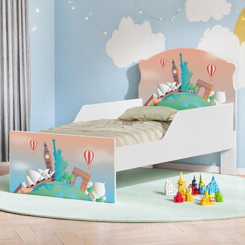 Cama Infantil Volta Ao Mundo Aventura Proteção Lateral Adesivo Uv Brilhante
