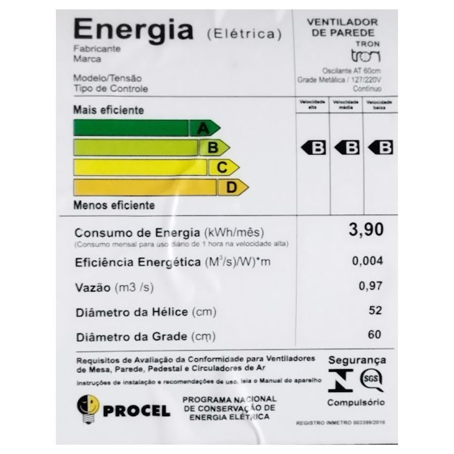 Ventilador Parede Oscilante Tron 60.cm Bivolt 140.w A.t Preto - 2