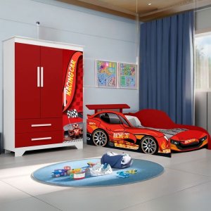 Kit de Quarto Infantil Carro Meninos Cama e Guarda Roupas:vermelho