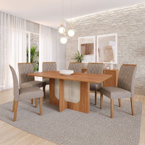 Sala de Jantar 6 Lugares 160 cm Lagertha Cadeiras Madeira Maciça Cinamomo/Linho Bege - Panorama Móve