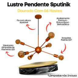 Luminária Pendente Modelo Sputinik 06 Hastes - Moderno Elegante Ideal para Sala, Quarto Dourado - 2