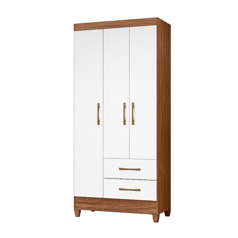 Guarda Roupa Solteiro Quarto Pequeno 3 Portas 2 Gavetas Lima Naturale com Branco