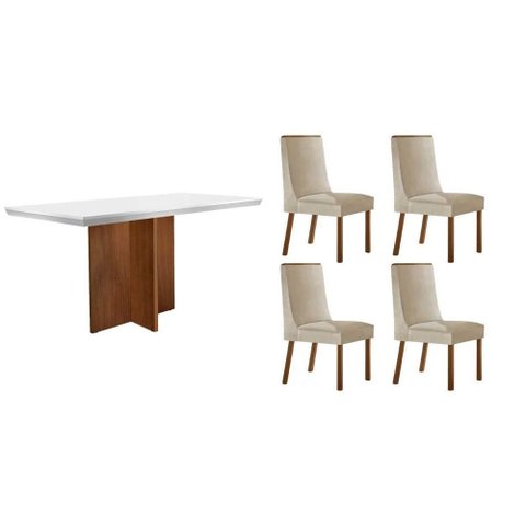 Conjunto Mesa Berlim c/ Tampo Madeirado c/ Vidro Canto Curvo 120x80cm e 4 Cadeiras Dakota Madeira