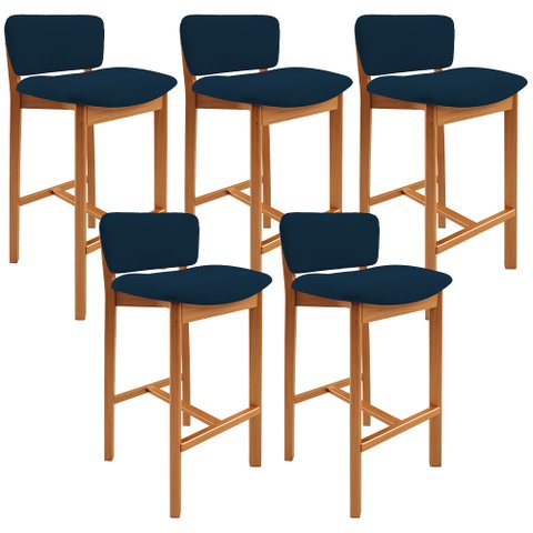 Kit 05 Banquetas Alta para Cozinha Sala de Jantar Bar Dara L02 Suede Azul Marinho - Lyam Decor