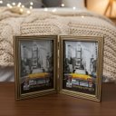 Ver imagem 2 de Porta Retrato Duplo Vertical em Madeira Detalhado 15x21 Luxo:marrom C/ Bege Ripado