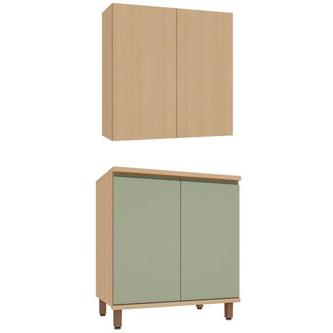 Kit Armário Aéreo e Balcão 100% MDF 80 cm 2 Portas Lótus Carvalho