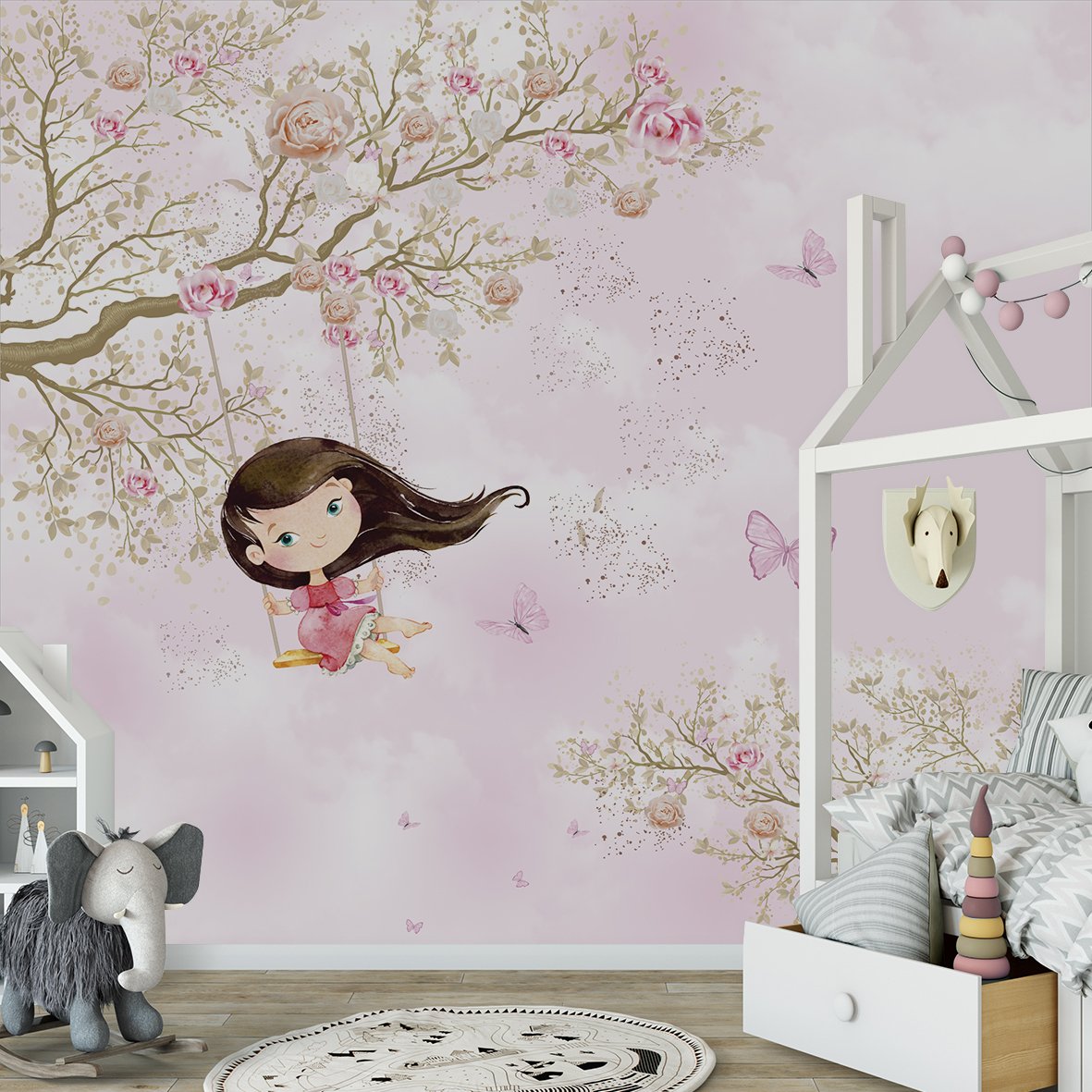 Papel de parede menina no balanço infantil rosa para quarto de bebê M² PP76 - 4