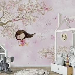 Papel de parede menina no balanço infantil rosa para quarto de bebê M² PP76 - 4