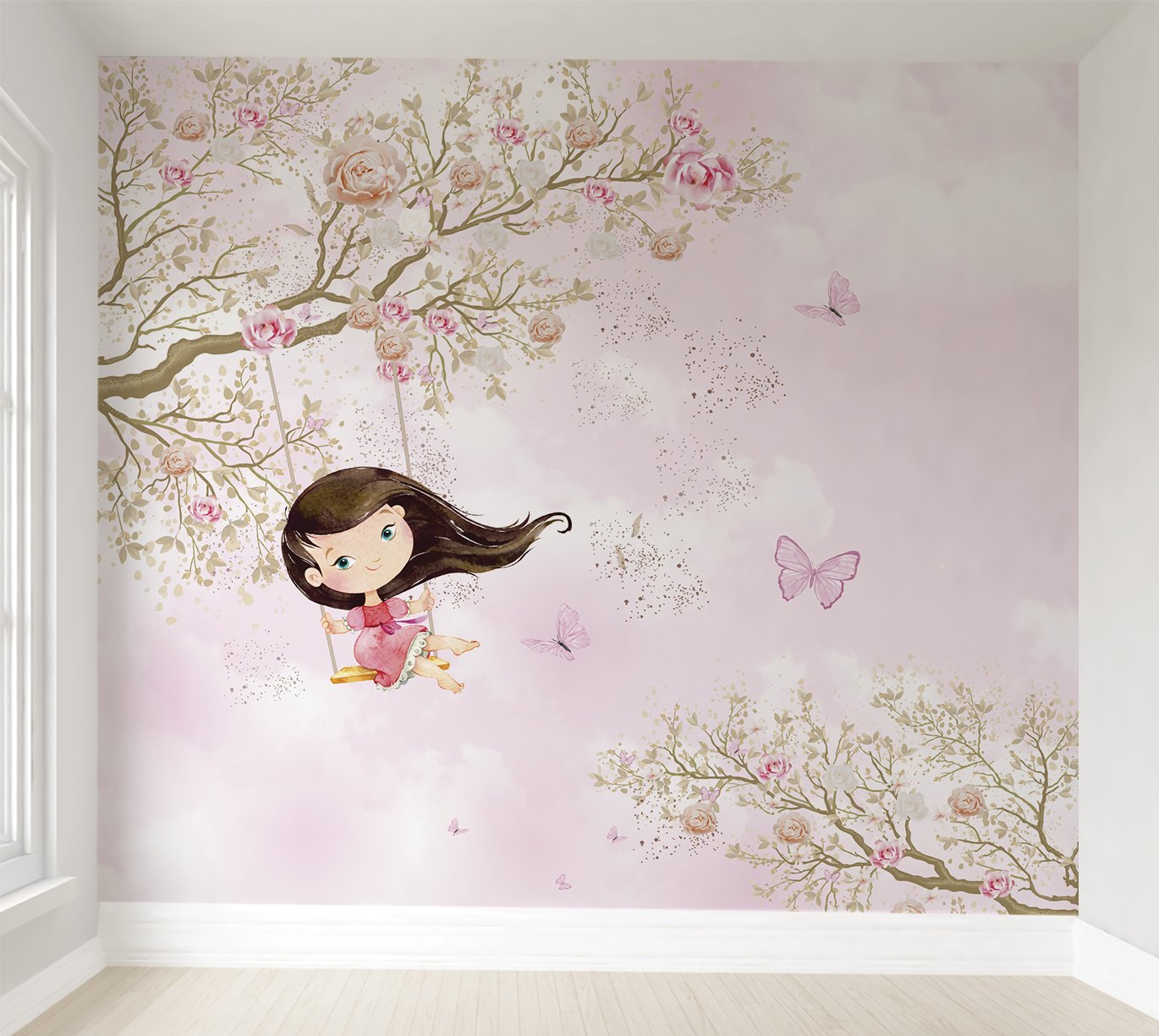 Papel de parede menina no balanço infantil rosa para quarto de bebê M² PP76