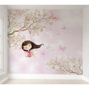 Papel de parede menina no balanço infantil rosa para quarto de bebê M² PP76