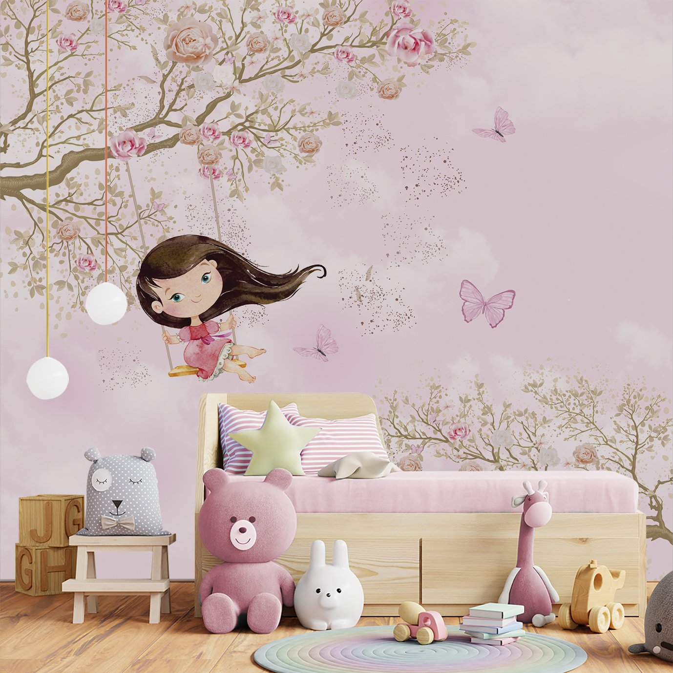 Papel de parede menina no balanço infantil rosa para quarto de bebê M² PP76 - 3