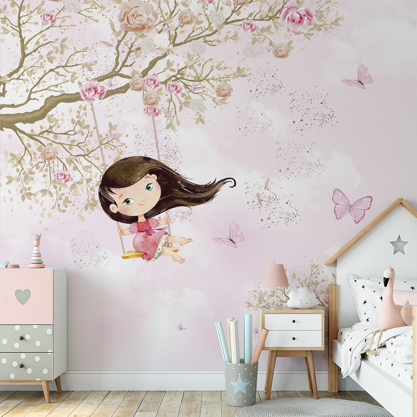 Papel de parede menina no balanço infantil rosa para quarto de bebê M² PP76 - 5