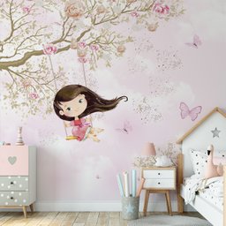 Papel de parede menina no balanço infantil rosa para quarto de bebê M² PP76 - 5
