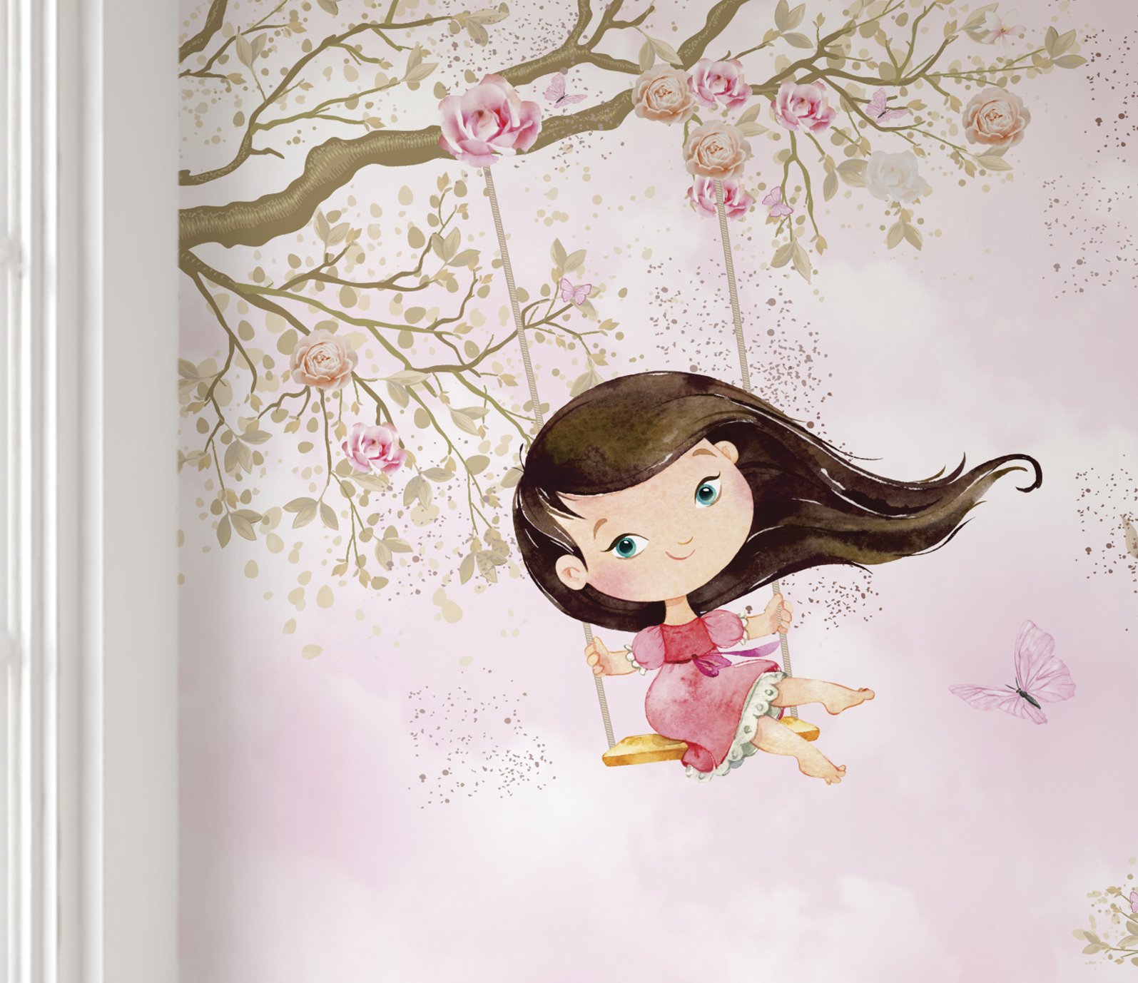 Papel de parede menina no balanço infantil rosa para quarto de bebê M² PP76 - 2