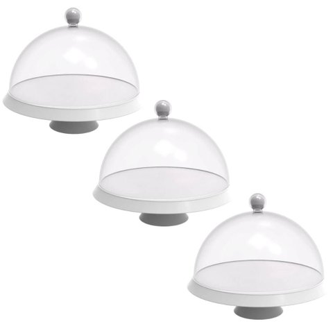 Kit 3 Porta Bolos 25cm Branco com Cúpula e Pé Bubble Crippa Tortas Doces Boleira