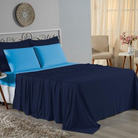 Jogo de Cama Casal Viúva Nobre 4 Peças Malha 100% Algodão - Azul-marinho / Turquesa