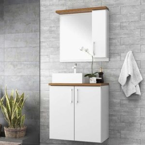 Gabinete para Banheiro com Cuba e Espelheira 60cm Mdf Nogal com Branco Paris - On Móveis