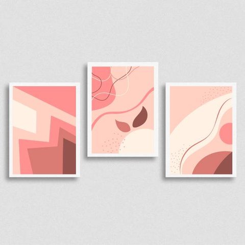 Kit 3 Quadros Abstratos Rosa 45x34cm - com vidro:Madeira branca