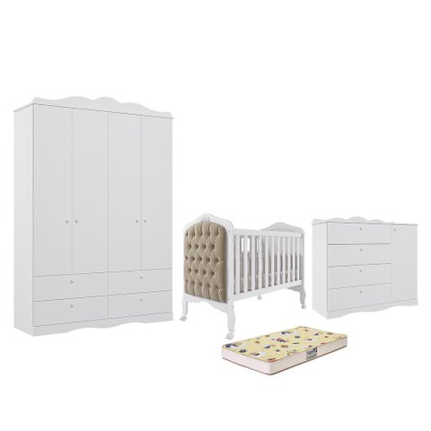 Dormitório Encanto Guarda Roupa, Cômoda e Berço Harmonia Branco com Capitonê e Colchão Supreme
