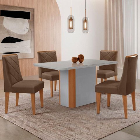 Mesa de Jantar Isadora 120cm Tampo MDF Vidro com 4 Cadeiras Veludo Marrom Naturale Serigrafia Off