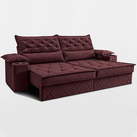Sofá Retrátil e Reclinável 2,10m com Porta Copos e Molas Cosmos Velusoft Vinho Cama Inbox