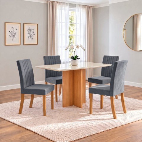 Conjunto Sala de Jantar Mesa Lana 120cm Tampo MDF Vidro Canto Reto 4 Cadeiras Lily