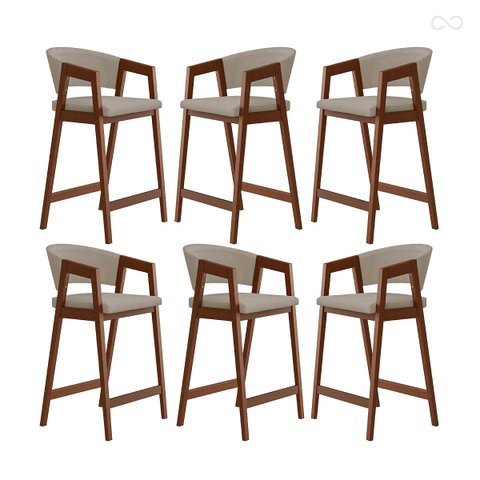 Kit 6 Banquetas Alta para Cozinha Ravena em Madeira Maciça Pinhão Suede Bege Ccs