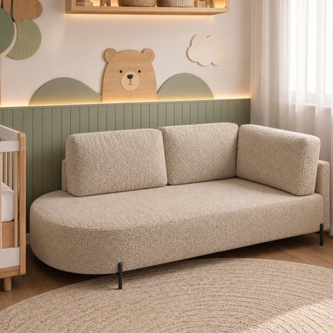 Sofá Cama Babá Orgânica Braço Lado Direito Bouclê Bege