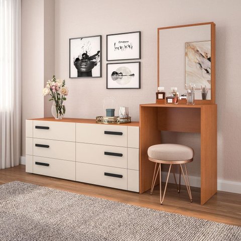Cômoda Penteadeira Lisboa 6 Gavetas com Espelho 209x160cm Creme/Freijó 250799