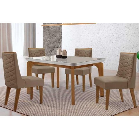 Conjunto: Mesa Sala Jantar Londrina Tampo c/ Vidro Curvo 120cm 4 Cadeiras Dafne Madeira Naturale/Off