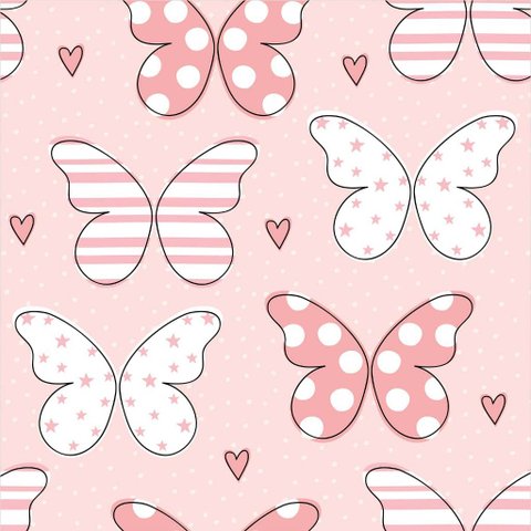 Papel de Parede Decorativo Baby Geométrico Borboletas Rosas com Listras e Bolinhas 3,0m