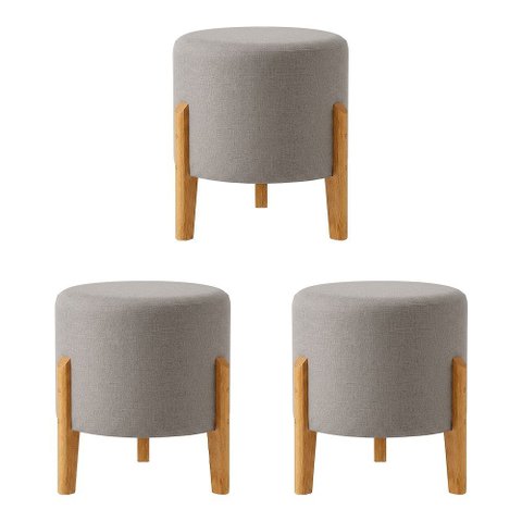 Kit com 3 Puffs Elegance em Linho Pés de Madeira Design Minimalista Sala Sofisticada Premium - Cinza