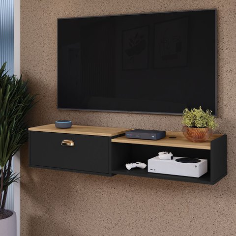 Rack Home Suspenso 1.20 Estante Tv 42" Bancada Flutuante 1 Porta Nicho Decoração Sala Quarto Retrô